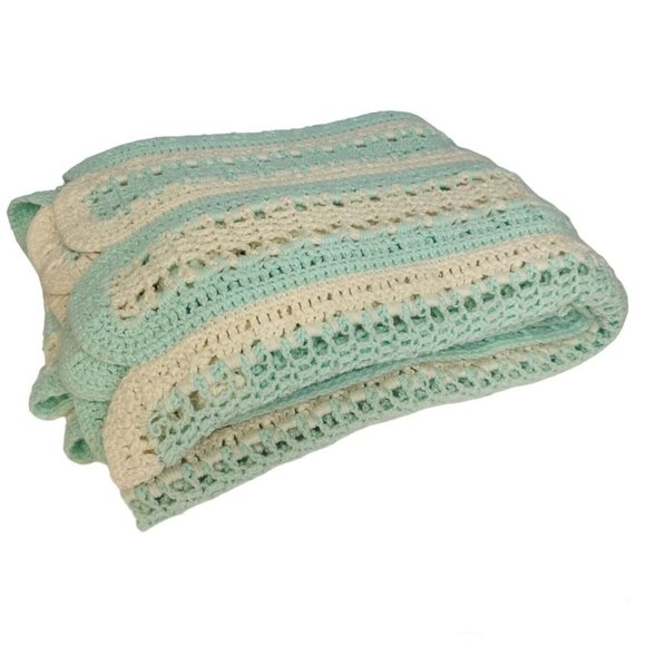 Crochet Afghan Blanket Quilt Mint Green And White Vintage 90 x 62 Inches - Picture 1 of 6